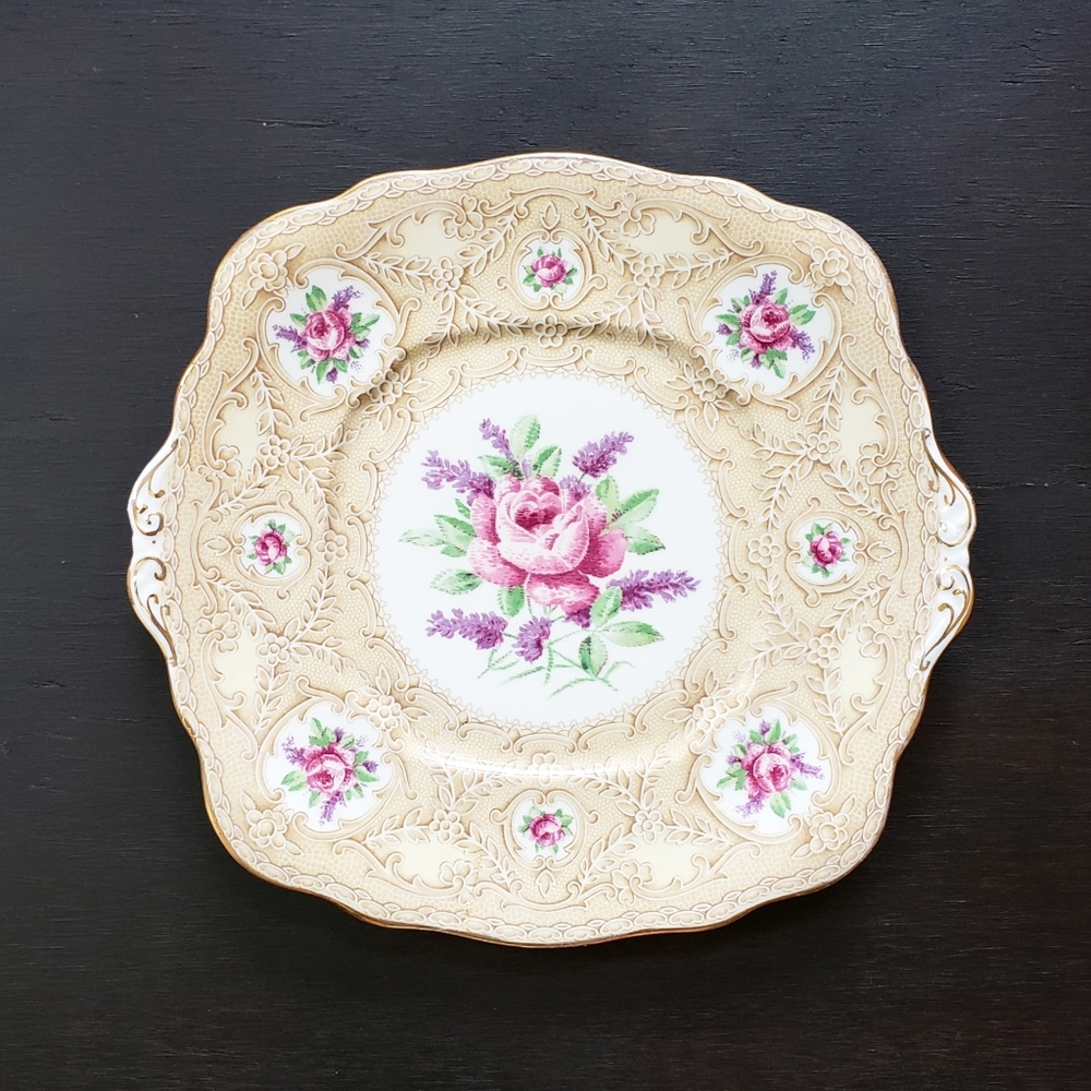 Antique Royal Albert Devonshire Lace China Square Handled Cake Plate